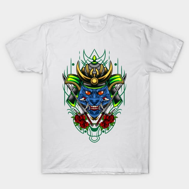 Samurai Cat - Green Kabuto T-Shirt by Harrisaputra